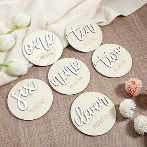 6 Pcs Baby Monthly Milestone Signs, Double Sided Wooden 3D Milestone Markers Disc from 1-12 Months 4 Inch Newborn Age Announcement Sign for Photo Props (White)