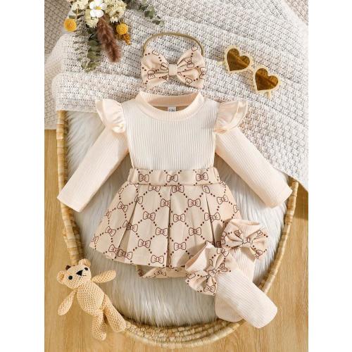 Baby Girls' Ribbed Ruffle Hem Bow Decor Bodysuit, Cute Baby Girl Bodysuit With Socks And Headband Set | SHEIN USA