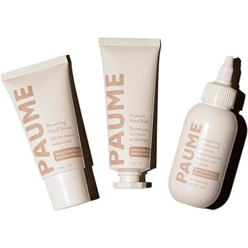 PAUME Hand Care Trio: 2oz Balm, 2oz Serum, 3 oz Travel Hand Gel Bottle, Hydrating & Anti-Aging Hand Care Set for Clean, Smooth Hands