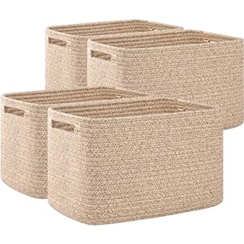 OIAHOMY 4 Pack Storage Baskets for Organizing, Cube Storage Bins for Shelves, Rectangle Storage Baskets With Handles, Woven Baskets for Storage, 12.7''Lx9''Wx7.8''H, Brown