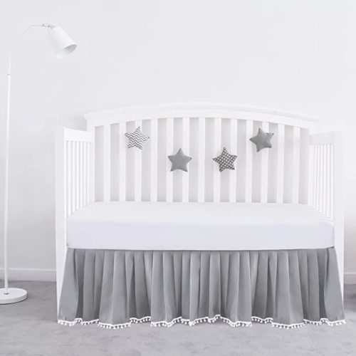 Crib Bed Skirt Grey Pleated with White Lovely Pompoms, Bedding Dust Ruffle for Boys, 14" Drop, Fit All Standard Crib Bed, Machine Wahable Crib Skirt