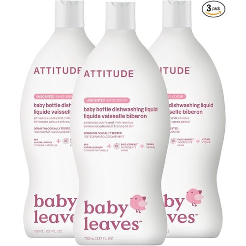 ATTITUDE Baby Bottle & Dish Soap, EWG Verified Bottle Cleaner, Fragrance Free & Dye Free, Removes Milk Residue & Grease, Vegan, Unscented, 23.7 Fl Oz (Pack of 3)