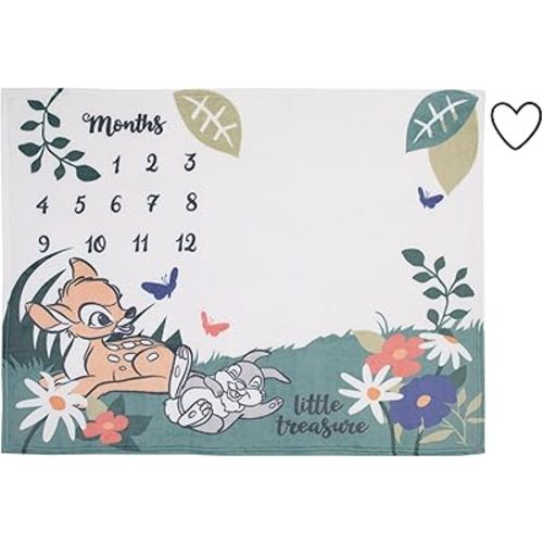 NOJO Disney Bambi White and Green Little Treasure Super Soft Photo Op Milestone Baby Blanket
