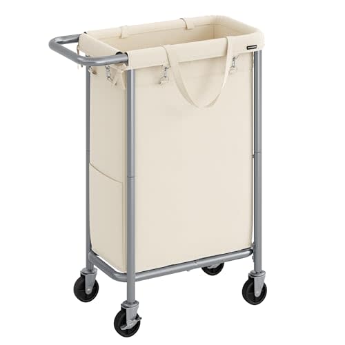 SONGMICS Laundry Basket with Wheels, 1-Section, 23.8 Gallons (90 L) | Rolling Laundry Hamper, Removable Liner, Steel Frame with Handle, 24 x 11.4 x 31.9 Inches, STEVIE Collection URLS003W01