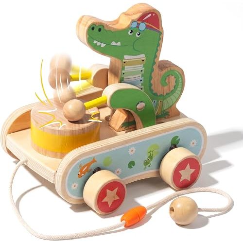Wooden Push Toys for Toddlers 1-3, Crocodile Beating Drum Walking Pull Toy