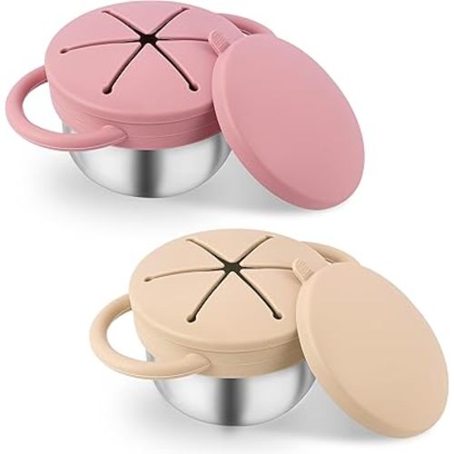 Stainless Steel Snack Containers with Lids, Snack cups with Silicone Food Catcher for Toddlers (Color 2)
