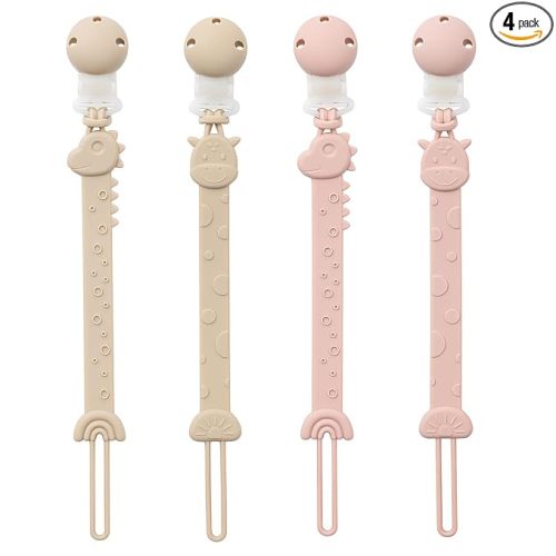 Pacifier Clips for Baby Boys Girls, One-Piece Silicone Pacifier Holder Strap 4 Pack, Binky Paci Clips Animal Rainbow Design, Lightweight Break-Resistant, Dishwasher Safe-Ivory+Sage