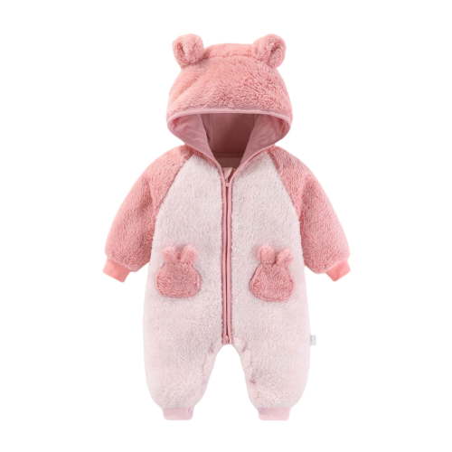 yoeyez Newborn Baby Fleece Snowsuits Winter Warm Footie Romper Jacket Bear Ear Hooded Soft Jumpsuit Outfits for Infant Girls Boys Pink 3-6Months