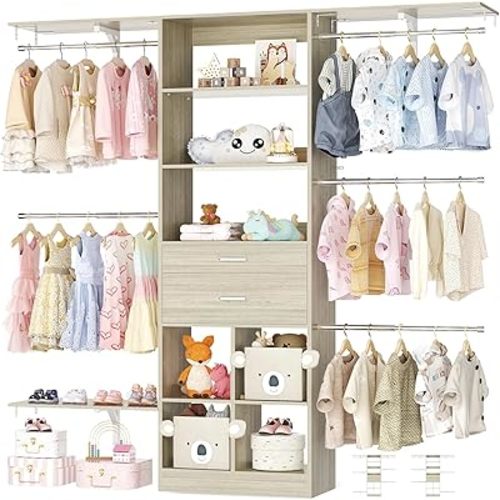 5FT Small Closet System, Baby Closet Organizer System with Wooden Drawers, 60 Inches Walk in Closet System with 5 Hanging Rods and 3 Reversible Hanging Shelving, Greige Oak
