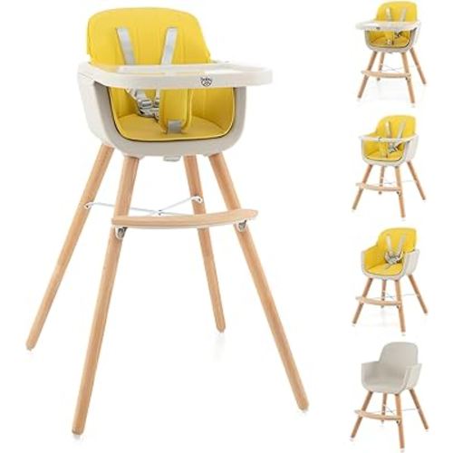 BABY JOY Convertible Baby High Chair, 3 in 1 Wooden Highchair/Booster/Chair with Removable Tray, Adjustable Legs, 5-Point Harness, PU Cushion and Footrest for Baby, Infants, Toddlers (Yellow)