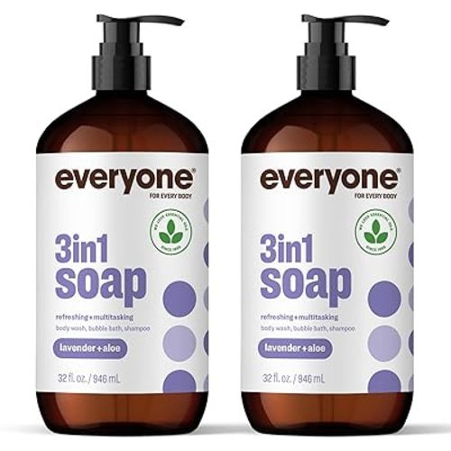 Everyone 3-in-1 Soap, Body Wash, Bubble Bath, Shampoo, 32 Ounce (Pack of 2), Lavender and Aloe, made with Essential Oils for Men and Women