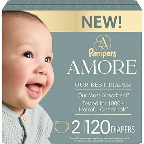 Pampers Amore, Size 2 (10-22 lbs), 120 Count, Our Best Diaper – Hypoallergenic & Fragrance Free, Up to 100% Leakproof, Soft as Cashmere