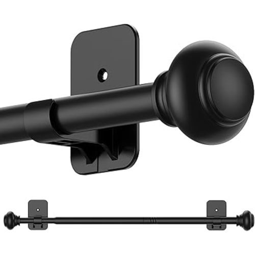 Black Curtain Rod for Windows 48 to 84 Inches,5/8 Inch Diameter Small Curtain Rods Set with Adhesive Bracket,Renter Friendly Adjustable Curtain Rods for Bedroom (30 to 90)