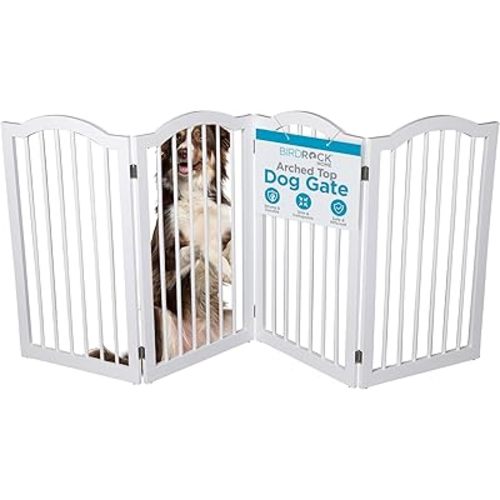 INTERNET'S BEST Arched Top Dog Gate | 4 Panel, 36" H Wooden Pet Barrier for Dogs or Cats | Freestanding Folding Room Divider for Doorways, Hallways, Stairs, and Porch | Portable, Extra Wide | White