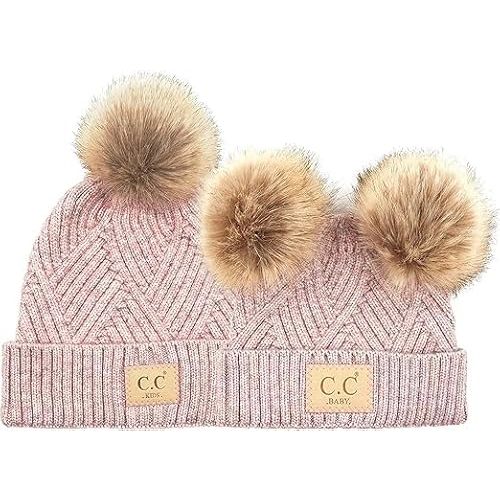 Funky Junque Matching Adult Toddler Infant POM Hat - Toddler (Single POM)/Infant (Double POM) - Diagonal Stripes - Rose