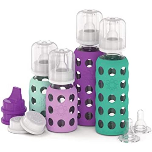 Lifefactory Baby Bottle Starter Set 10-Piece | 4 oz Mint & Lavender, 9 oz Kale & Grape | Includes Flat Caps, Sippy Caps, Stage 2 Nipples