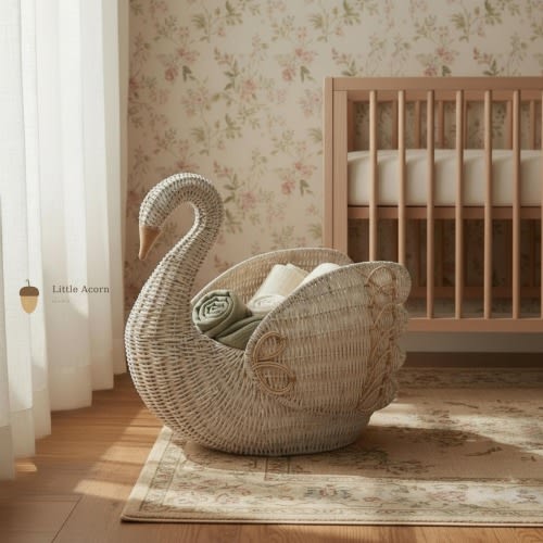 Heirloom Swan Basket | Large Handwoven Rattan Storage Basket for Nursery | Cottagecore Decor | Scandinavian toy organizer | Baby Shower Gift
