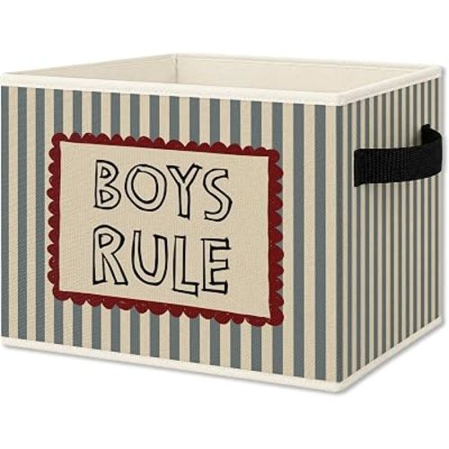 Boys Nursery Foldable Storage Bins Box with Handles, Boys Rule Retro Blue Striped Collapsible Organizer Basket for Kids Boy Nursery Room Playroom Bedroom Bathroom Clothes Books