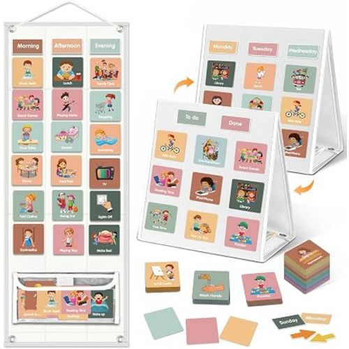 Large Visual Schedule for Kids Chore Reward Chart,Bedtime Routine Chart for Toddlers,Double Side Schedule Board with 109 Cards for Home School Planner,Autism Learning Materials (White)