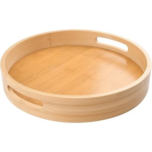 LorisArm 12 inch Round Serving Wooden Tray with Handles, Bamboo Decorative Ottoman Tray Serving for Serving Beverages & Food on Bar Living Room Home Dining Table.