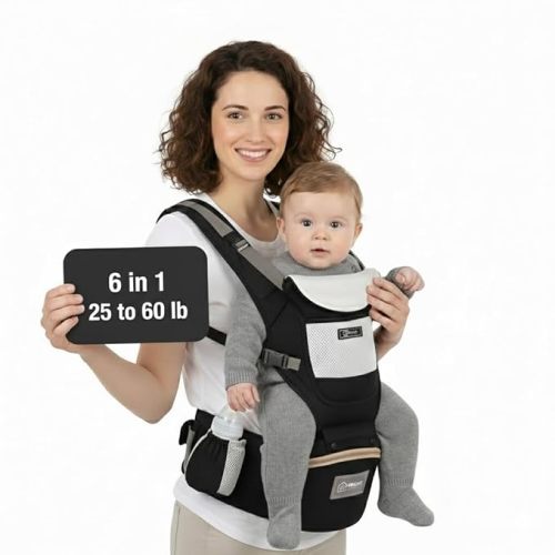 Baby Hip Carrier with Detachable Hip Seat and Head Support, 6 in 1 Toddler Carrier M-Shape Ergonomic Baby Carrier Newborn to Toddler, Adjustable Shoulder Straps, Bottle Holder & Storage Pocket - Black