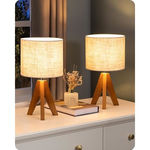 EDISHINE Small Table Lamp, Wooden Tripod Bedside Lamp with Linen Fabric Lampshade, 14.2" Nightstand Lamp for Bedroom, Living Room, Office, 2 Pack
