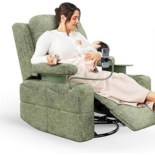 MAMAZING Oversized Rocking Chair Nursery with Adjustable Armrests, Electric Glider Recliner Nursing Chair for Breastfeeding, Power Swivel Recliner Chairs, Oeko-TEX & FSC Certified (Moss Green, Fabric)