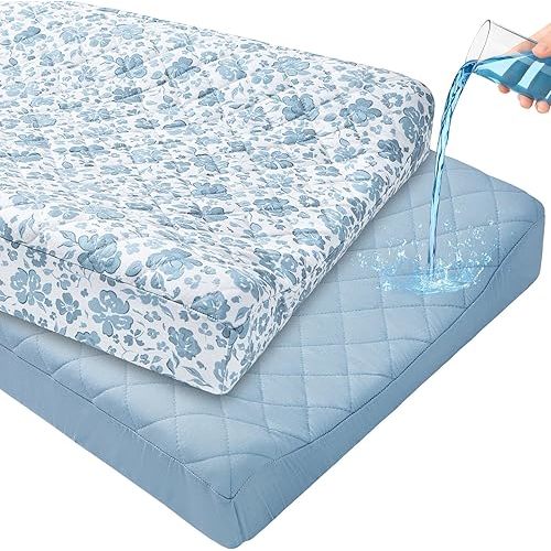 FIOBEE Changing Pad Cover Waterproof 2 Pack Quilted Diaper Change Table Sheets Breathable & Ultra Soft for Newborn Baby Boys Girls Fitted Changer Pads 32"x 16", Light Blue