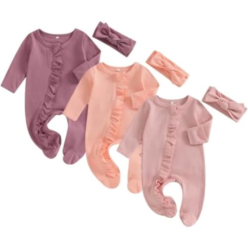Merqwadd Baby Girl Zipper Pajama Footies 3 Pack Ruffle Sleeper Coming Home Infant Cotton Clothes