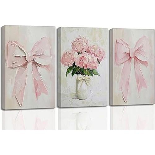 3Pcs Trendy Pink Bows Canvas Wall Art for College Apartment Bedroom Decor