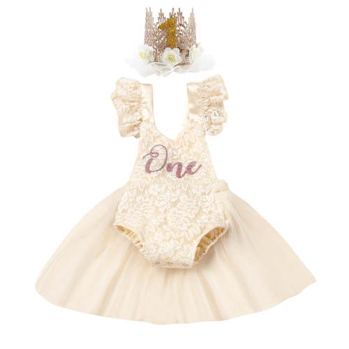 IBTOM CASTLE Baby Girl 1st Birthday Outfit Lace Tulle Romper Princess Tutu Dress Headband Shiny ONE Cake Smash Photo Shoot Clothes 12-18 Months Apricot