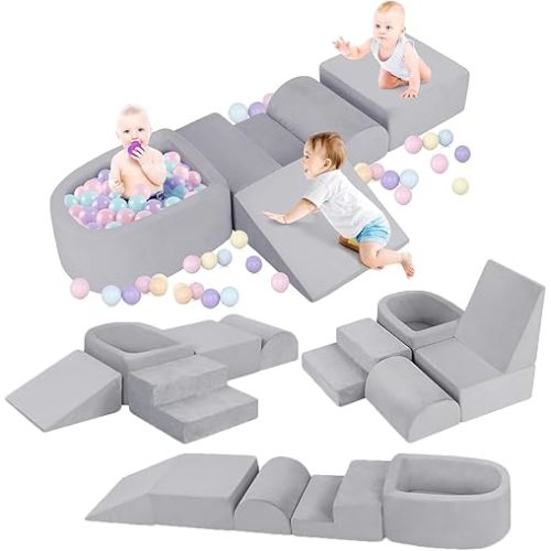 Foam Climbing Blocks for Toddlers 1-3, Toddler Climbing Toys Indoor, Climbing Toys for 1 Year Old, Kid Baby Climbing Blocks with Ball Pit, Soft Play Set Playground (Balls not Included) (Grey)