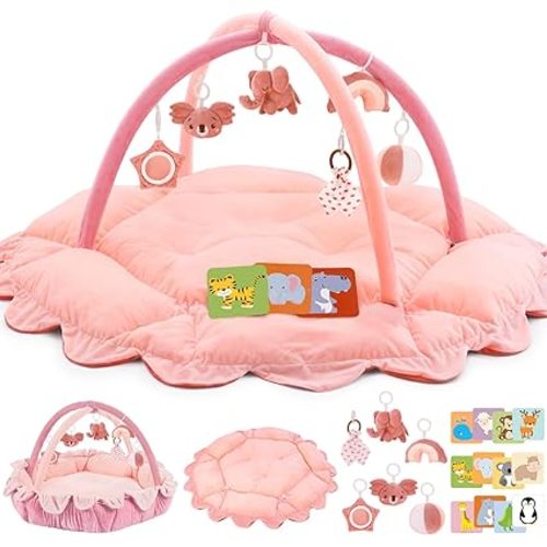 5-in-1 Plush Baby Play Gym, Activity Mat with Convertible Gym, Baby Gym 6 Sensory Toys, Play Center for Newborn to Toddler, Light Pink