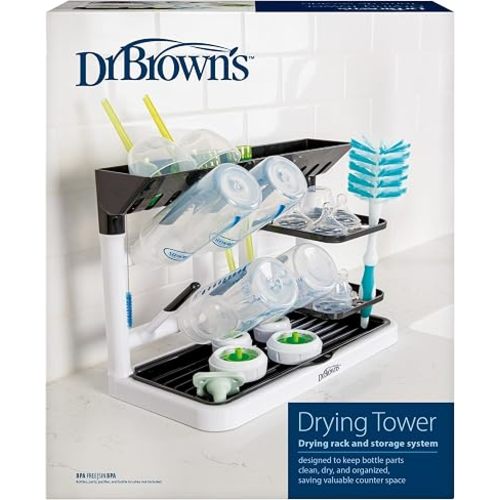Dr. Brown’s™ Drying Tower, Stand-Up Drying Rack, Countertop Baby Bottle Drying with Organized Storage for Baby Essentials, Space Saving Vertical Rack