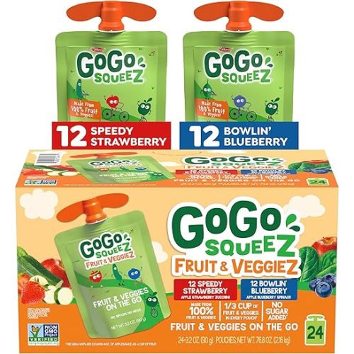 GoGo squeeZ Fruit & veggieZ Applesauce and Puree Variety Pack, Speedy Strawberry and Bowlin' Blueberry, 3.2 oz (Pack of 24), Unsweetened Snacks for Kids, BPA Free Pouches