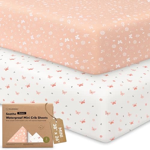 2 Pack and Play Sheets Waterproof Mini Crib Sheet Fitted 38x26(Butterflies)