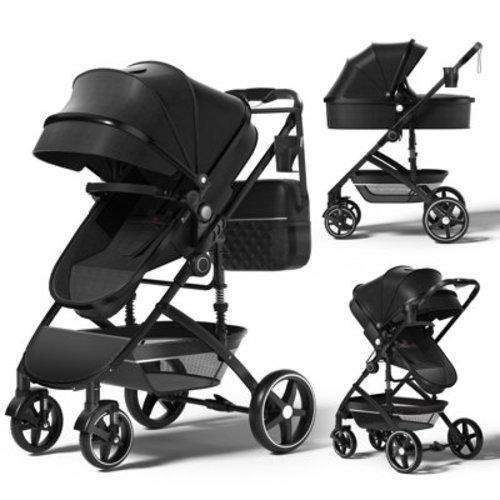 TEAYINGDE 2 in 1 Baby Stroller,Foldable Lightweight Carriage Reversible Bassinet Pram for Toddler,Travel Stroller with with Cup Holder、Storage Bag,Black
