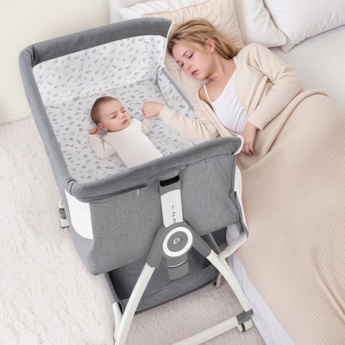 Advwin 3 in 1 Baby Bassinets Height Adjustable Co-Sleeper Bedside Crib Cot with Mattress & Mosquito Net Grey