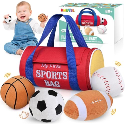 KMUYSL Baby Toys 0-12 Months, My First Sports Bag Plush Toy - 4 Sensory Balls Soft Toys with Crinkle, Rattles for 0-3-6-9-12 Month Newborn Infant, 1st Birthday for Babies Boys Girls Age 1
