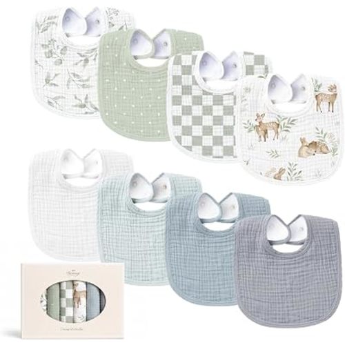 Konssy 8-Pack Muslin Baby Bibs, Adjustable Fit for Drooling and Teething