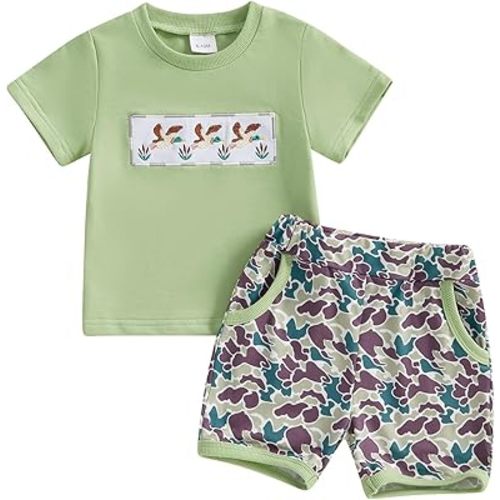 PUHHAPIEY Toddler Baby Boy Summer Clothes Retro Camo Hunting Shirts T-Shirt + Camouflage Shorts Set 6 12 18 24 Months 2T 3T