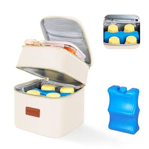 PIIOSER Insulated Baby Cooler Bag with Ice Pack, Fits 4 Baby Bottles Up to 5 Ounce, Portable Breastmilk Cooler Travel Bag with Buckle for Nursing & Working Mom Daycare (Cream-XS-1