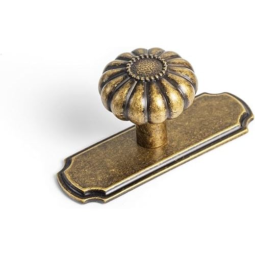 Yanxia Set of 6 - Elegant Vintage Bloom Antique Brass Cabinet Knobs with Backplate, Drawer Pulls for Kitchen, Dresser Cabinet Hardware for Bedroom, 1-1/4 Inches Diameter Handles