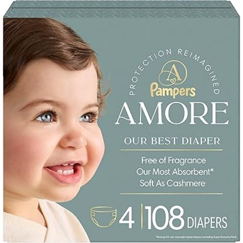 Pampers Amore, Size 4 (15-34 lbs), 108 Count, Our Best Diaper – Hypoallergenic & Fragrance Free, Up to 100% Leakproof, Soft as Cashmere