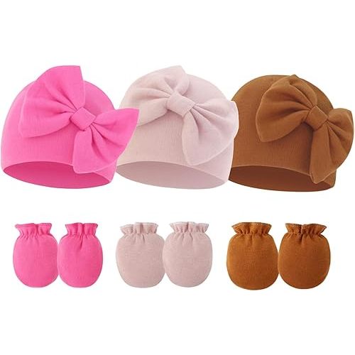 Newborn Baby Hats Mittens Sets Bow Infant Caps Gloves No Scratch Mitten Beanie Set for 0-6 Months Girls