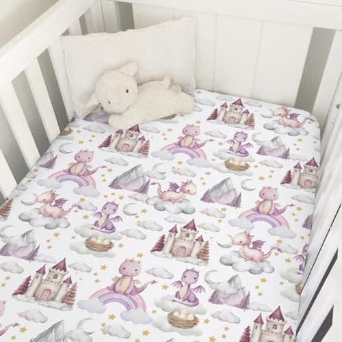 Pink Baby Dragons Crib Sheets for Boy Girl Fairytale Dragon Castle Trees Moon Rainbow Soft Stretchy Fitted Crib Mattress Cover for 52''x28'' Standard Crib & Toddler Mattress Fantasy Animal Bed Sheet