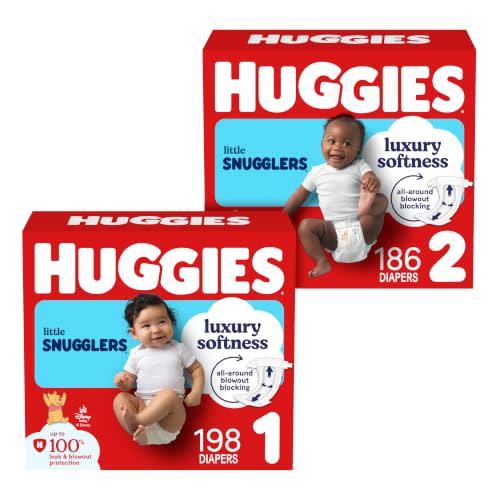 Little Snugglers Bundle: Huggies Little Snugglers Baby Diapers, Size 1 (8-14 lbs), 198 Count & Huggies Little Snugglers Baby Diapers, Size 2 (12-18 lbs), 186 Count