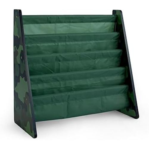 Humble Crew 4-Tier Kids Bookshelf, Camo Wood/Green - Premium Book Shelf for Kids Rooms with Four Deep Pockets - Toddler Sling Book Rack with Deep Sleeves, Nursery Bookcase Organizer