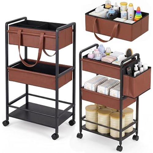 Faux Leather 3-Tier Rolling Diaper Cart Organizer,Lockable Wheels,Nursery