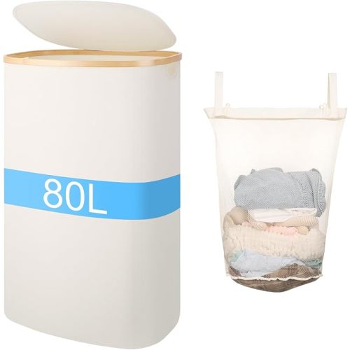 Slim Laundry Basket with Lid, 80L Narrow Laundry Hamper with Removable Bag, Clothes Hampers for Laundry with Bamboo Handles for Bathroom, Bedroom, Dorm & Laundry Room